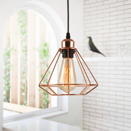 Rose Gold Geometric Cage Ceiling Light - Loft Industrial Pendant Lighting For Bedroom
