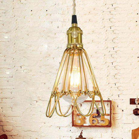Vintage Brass Wire Pendant Lamp With Ruffled Edge - Metallic Living Room Light