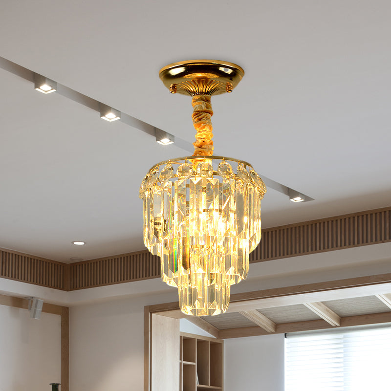 Modern Crystal Foyer Flush Mount Light - Elegant 3 - Layer Tapered Design With Gold Accents