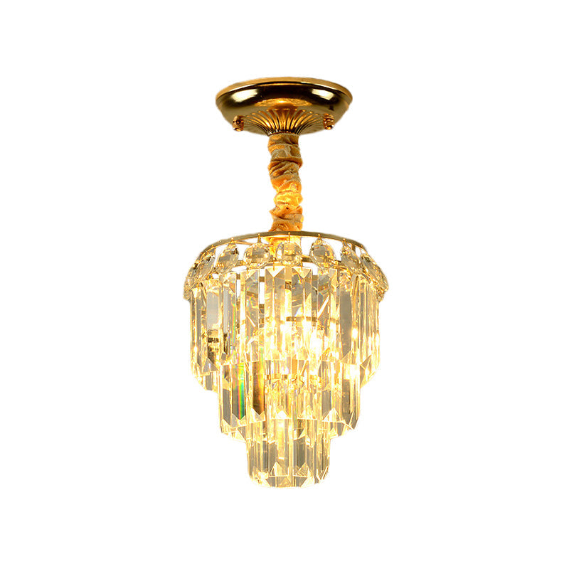 Modern Crystal Foyer Flush Mount Light - Elegant 3 - Layer Tapered Design With Gold Accents