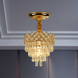 Semi Flush Mount Crystal Droplet Ceiling Lamp With Gold Crown Top - Traditional 1-Light For Sitting