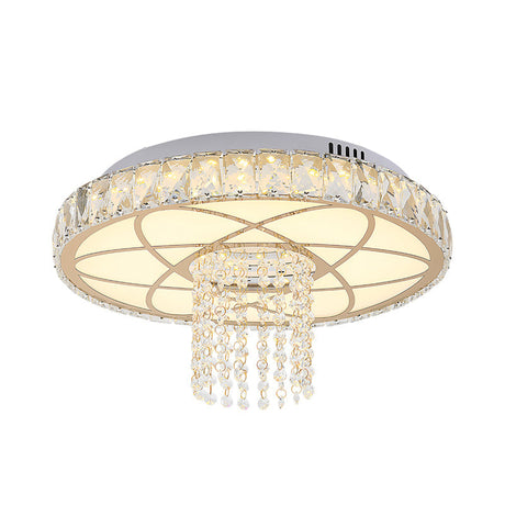 Contemporary Led Crystal Close To Ceiling Light - Gold Round Flush Mount Lamp For Bedroom