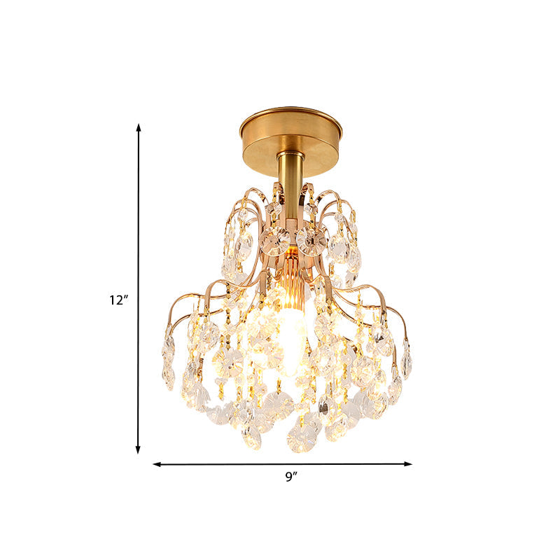 Contemporary Brass Teardrop Semi Flush Light With Crystal Shade - Ideal For Corridors