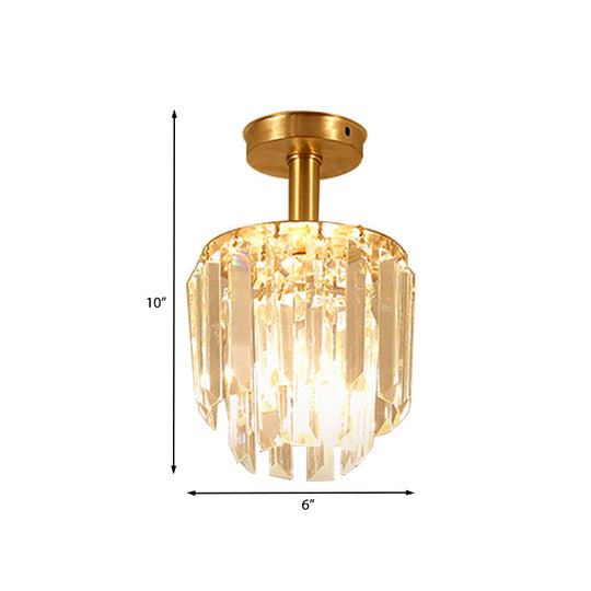 Brass Crystal Semi Flush Mount Ceiling Light For Porch - Simple Drum Design Clear 1 - Light