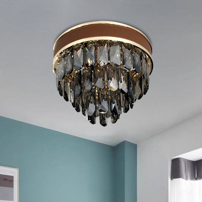 Smoke Gray Crystal Tiered Flush Mount Lamp - 6 Bulbs Modern Living Room Ceiling Light