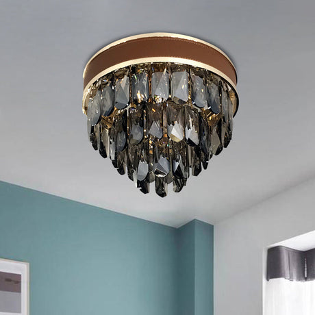 Smoke Gray Crystal Tiered Flush Mount Lamp - 6 Bulbs Modern Living Room Ceiling Light