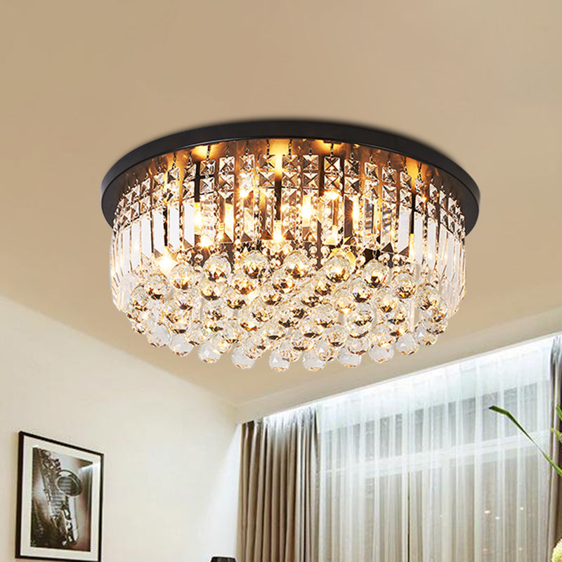 Contemporary Black Crystal Cascade Ceiling Light For Bedroom - 9-Light Flush Mounted Fixture / B
