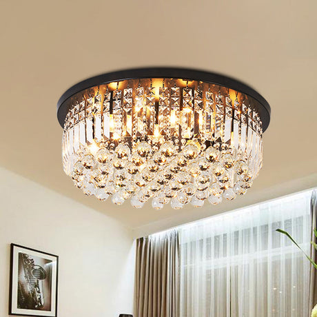 Contemporary Black Crystal Cascade Ceiling Light For Bedroom - 9-Light Flush Mounted Fixture / B