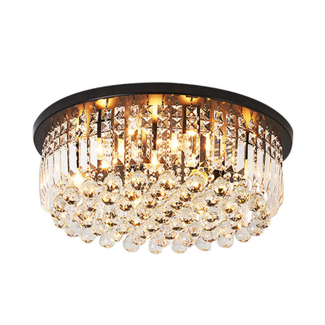 Contemporary Black Crystal Cascade Ceiling Light For Bedroom - 9-Light Flush Mounted Fixture
