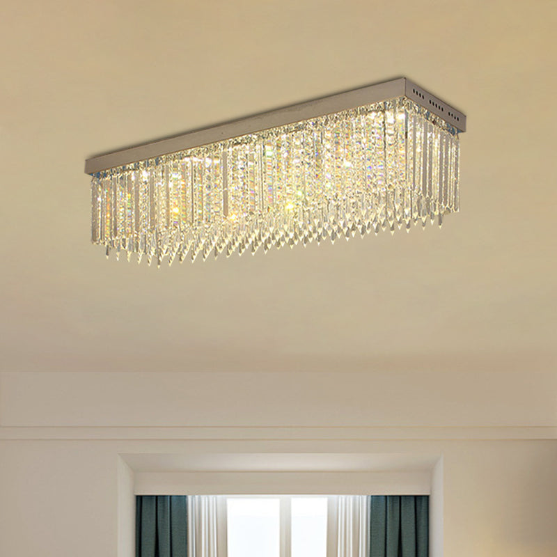 Minimal Style Clear Crystal Rectangle Flush Light With 10 Heads - Nickel Ceiling Mounted Fixture