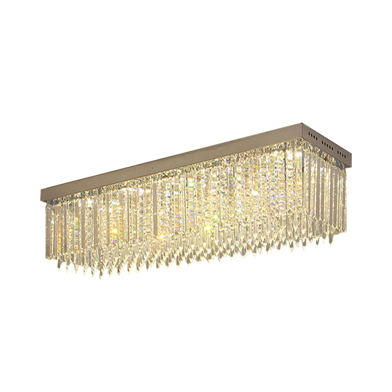Minimal Style Clear Crystal Rectangle Flush Light With 10 Heads - Nickel Ceiling Mounted Fixture