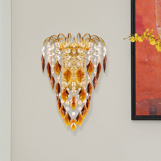 Contemporary 2-Light Brass Finish Wall Lamp With Tan/Blue Crystal Shade Tan