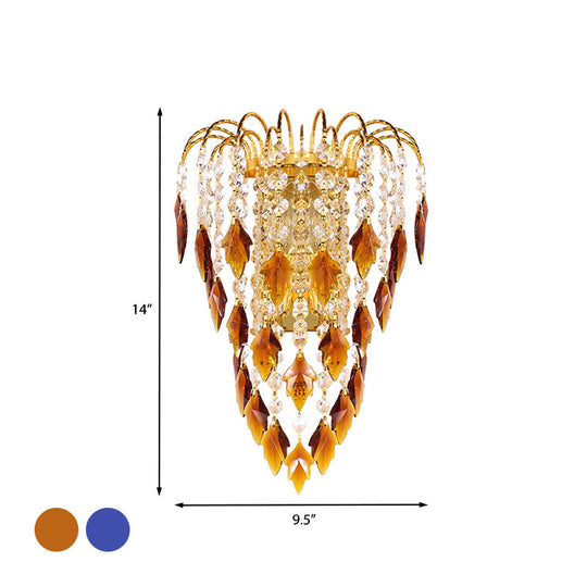 Contemporary 2-Light Brass Finish Wall Lamp With Tan/Blue Crystal Shade