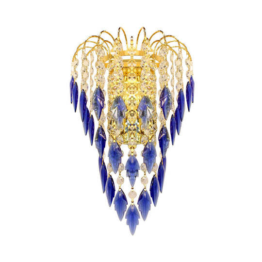 Contemporary 2-Light Brass Finish Wall Lamp With Tan/Blue Crystal Shade