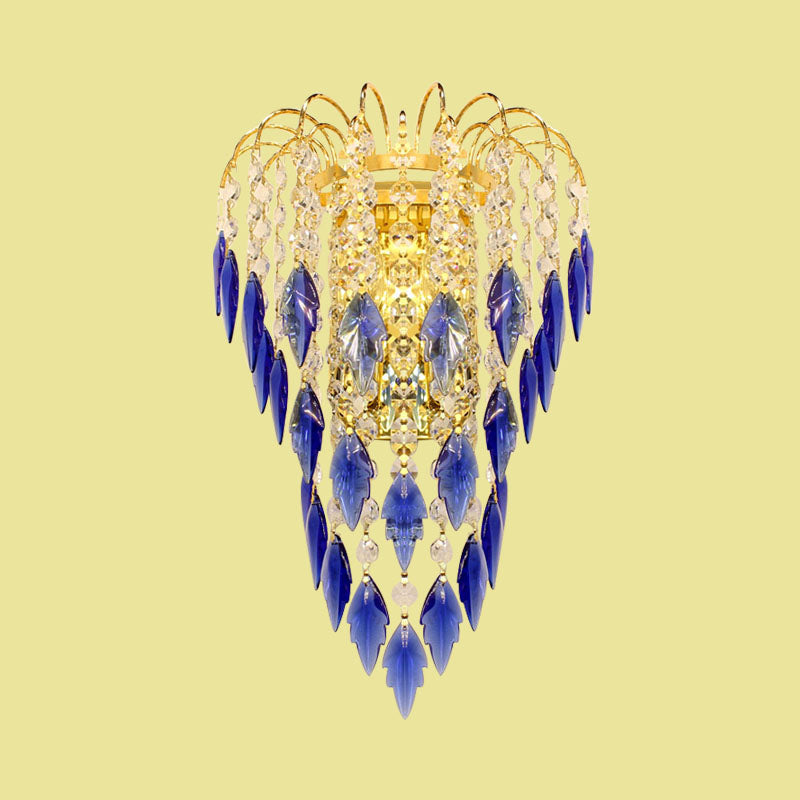 Contemporary 2-Light Brass Finish Wall Lamp With Tan/Blue Crystal Shade