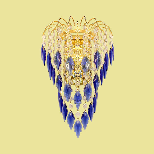 Contemporary 2-Light Brass Finish Wall Lamp With Tan/Blue Crystal Shade