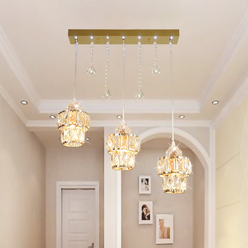 Gold Modern Crystal Pendant Light With Jar Cluster Design - 3 Lights For Corridors
