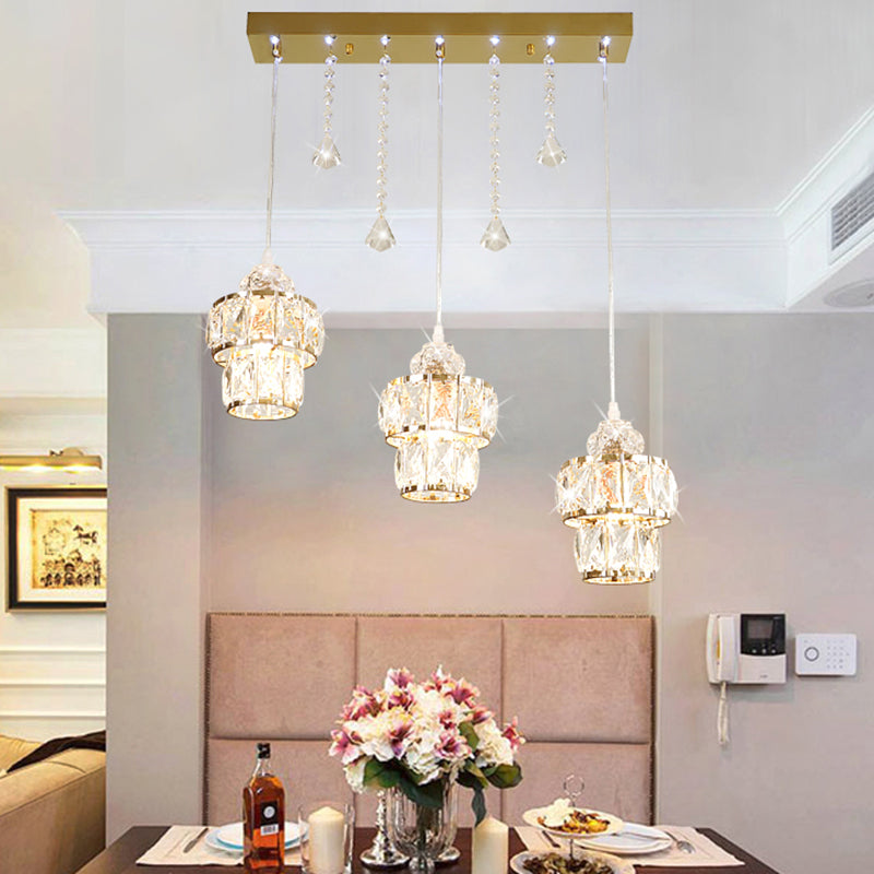 Gold Modern Crystal Pendant Light With Jar Cluster Design - 3 Lights For Corridors
