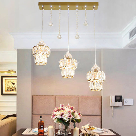 Gold Modern Crystal Pendant Light With Jar Cluster Design - 3 Lights For Corridors