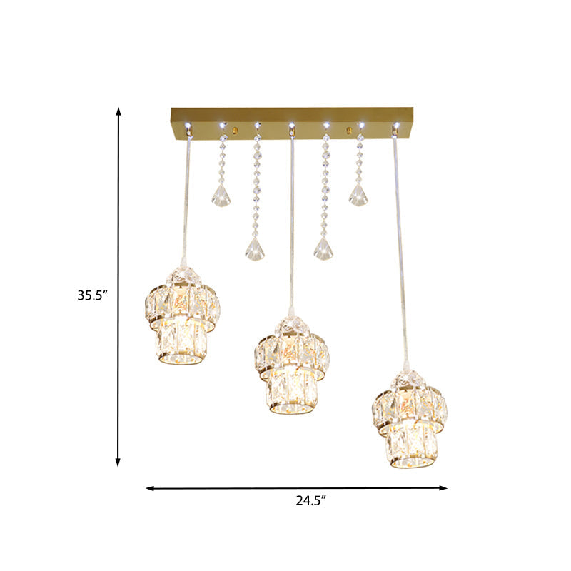 Crystal Cluster Pendant Light In Gold - 3 Lights Modern Design For Corridors