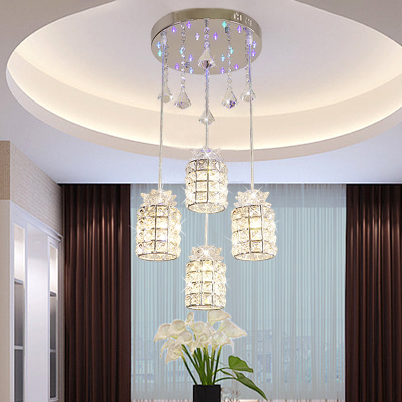 Minimal Cylinder Crystal Pendant Light With 4 Clear Lights For Dining Room - Chrome Finish