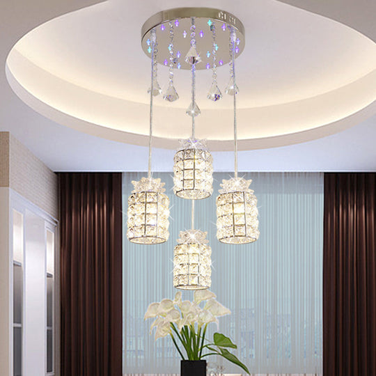 Modern Crystal Cylinder Suspension Lamp - 4-Light Dining Room Pendant Light Chrome Finish