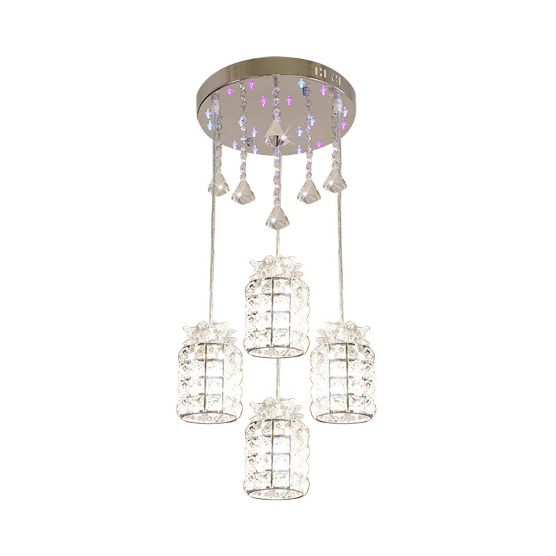 Modern Crystal Cylinder Suspension Lamp - 4-Light Dining Room Pendant Light Chrome Finish