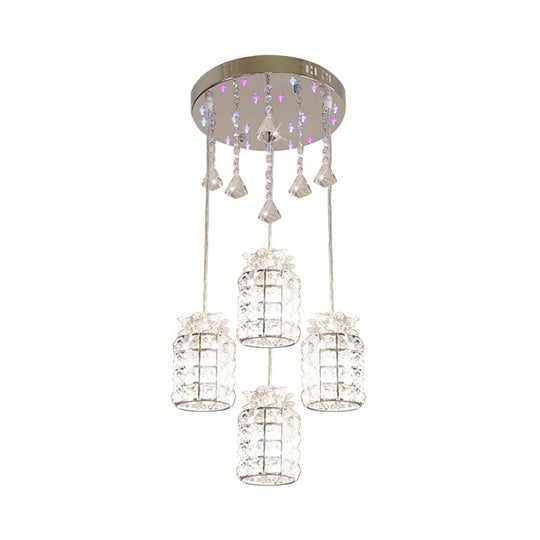 Modern Crystal Cylinder Suspension Lamp - 4-Light Dining Room Pendant Light Chrome Finish