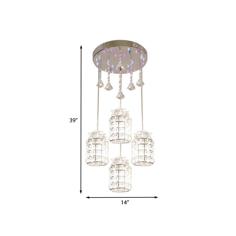 Modern Crystal Cylinder Suspension Lamp - 4-Light Dining Room Pendant Light Chrome Finish