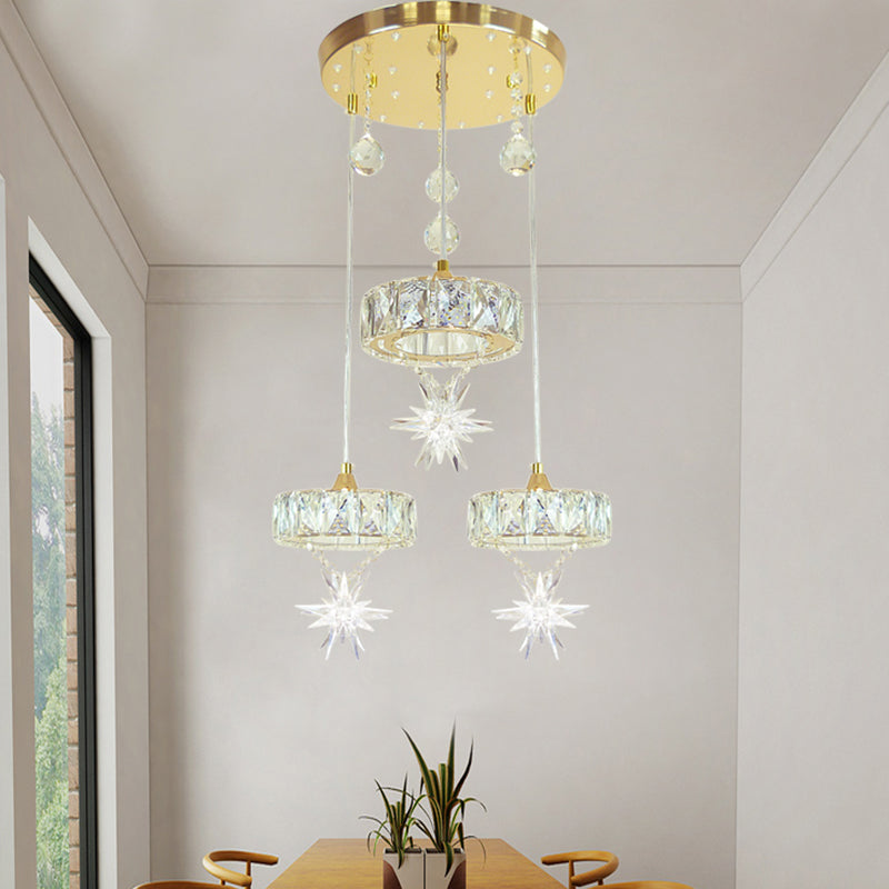 Gold Finished Crystal Pendant Light With Star Design - 3 Head Simple Style
