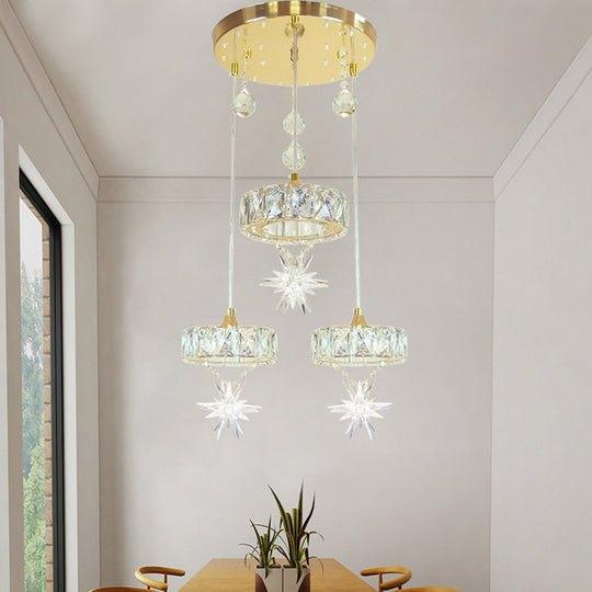 Simple Style Crystal Multi Pendant Light With Star Design - 3-Head Gold Finish Ceiling Hang Fixture