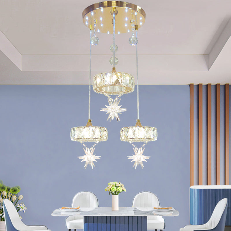 Gold Finished Crystal Pendant Light With Star Design - 3 Head Simple Style