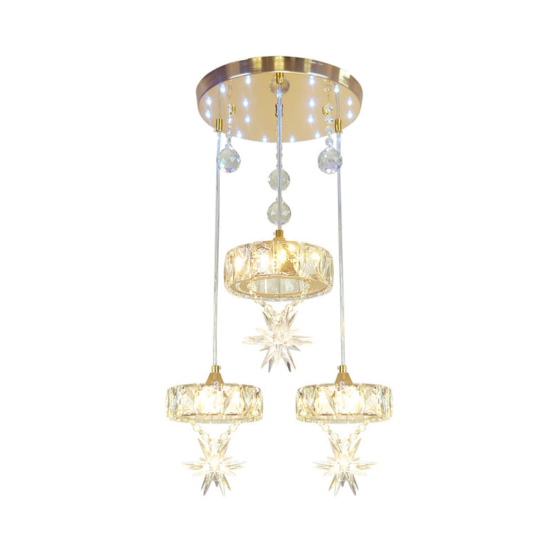 Simple Style Crystal Multi Pendant Light With Star Design - 3-Head Gold Finish Ceiling Hang Fixture
