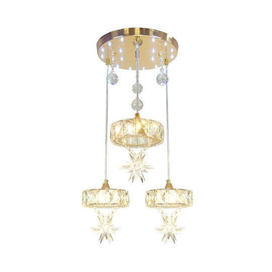 Simple Style Crystal Multi Pendant Light With Star Design - 3-Head Gold Finish Ceiling Hang Fixture