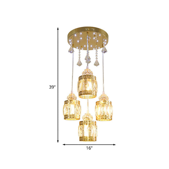 4-Bulb Gold Cylinder Pendant Light With Minimalist Design And Crystal Shade