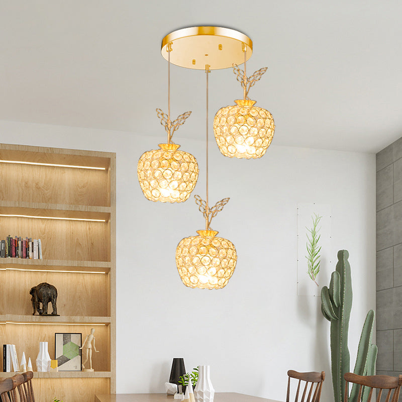 Gold Apple Shaped Crystal Pendant Light With 3 Minimal Heads - Dining Room Cluster
