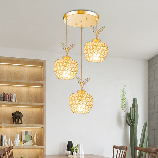 Gold Apple Shaped Crystal Pendant Light With 3 Minimal Hanging Lamp Heads