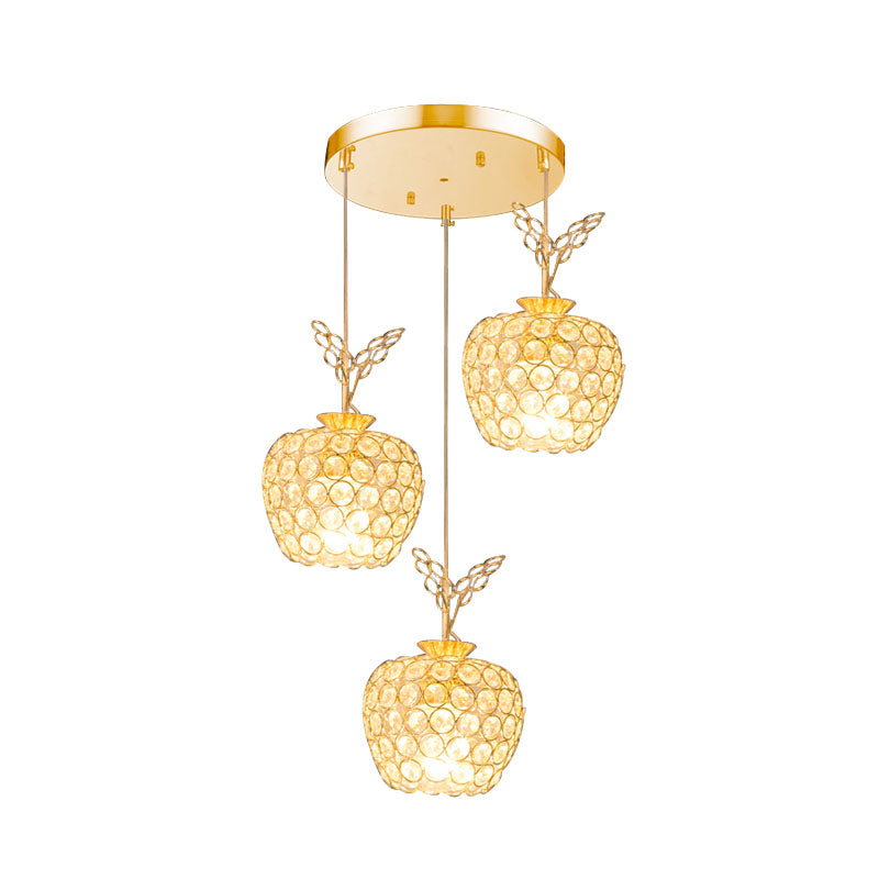Gold Apple Shaped Crystal Pendant Light With 3 Minimal Hanging Lamp Heads