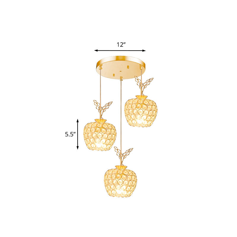 Gold Apple Shaped Crystal Pendant Light With 3 Minimal Heads - Dining Room Cluster