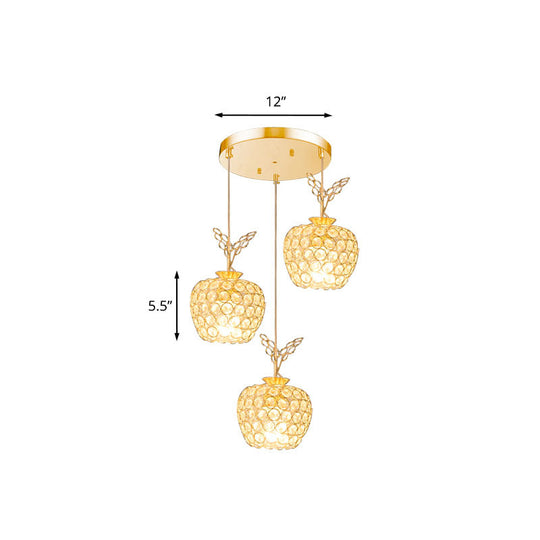 Gold Apple Shaped Crystal Pendant Light With 3 Minimal Hanging Lamp Heads
