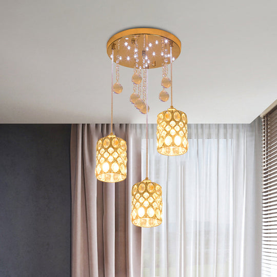 3-Light Cluster Pendant In Gold With Sleek Crystal Inserts For Bedroom
