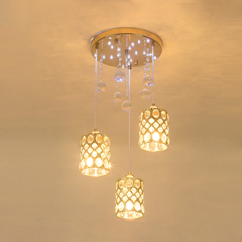Gold Crystal Pendant Light With 3 Clustered Cylindrical Inserts For Bedroom