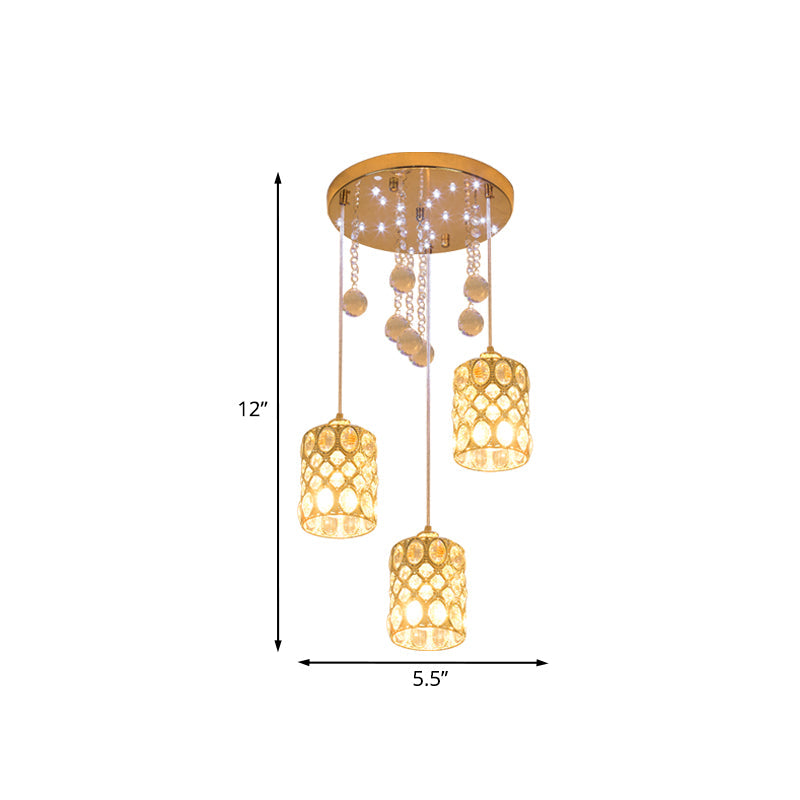 3-Light Cluster Pendant In Gold With Sleek Crystal Inserts For Bedroom
