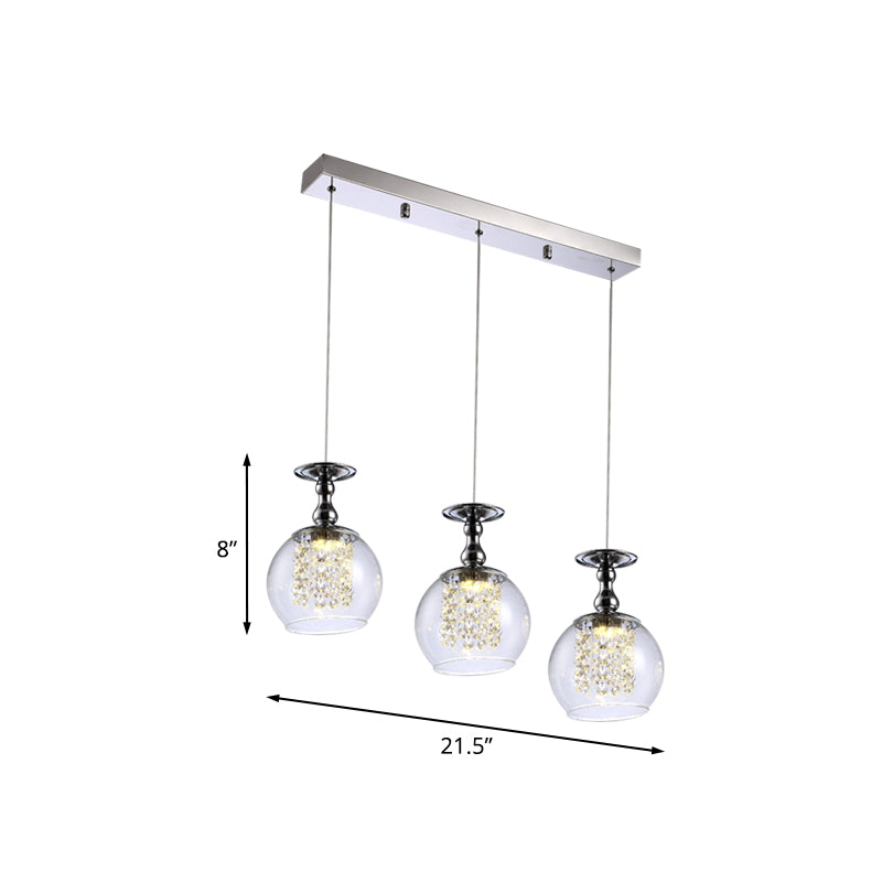 Contemporary 3-Light Clear Glass Wine Pendant Light Kit With Chrome Finish And Crystal Droplets