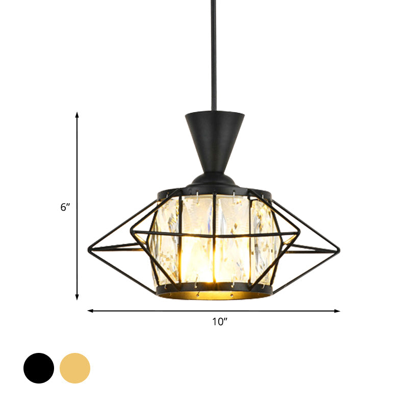Modern Metal Wire Cage Pendant Light With Crystal Drum Shade - Black/Gold