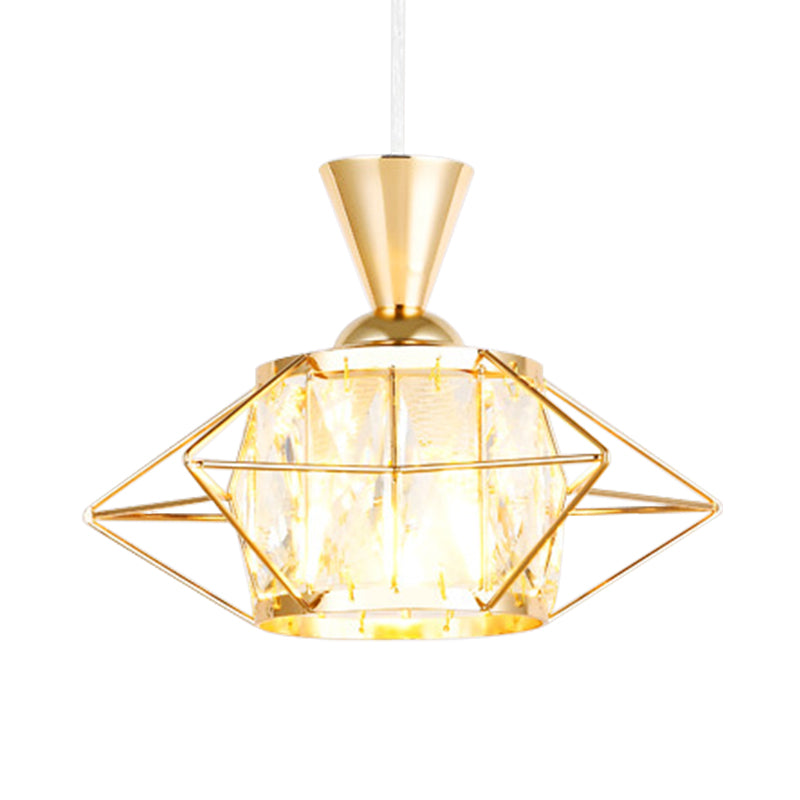 Modern Metal Wire Cage Pendant Light With Crystal Drum Shade - Black/Gold