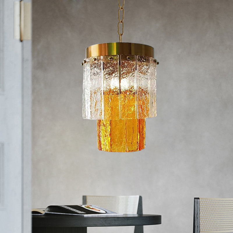 Minimal Style 2-Tiered Yellow Glass Pendant Lamp - Dining Room Hanging Light Fixture With Textured