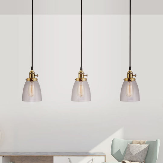 Industrial Aged Brass Dining Room Pendant Light Fixture With Tapered Clear Glass Shades - 3-Light