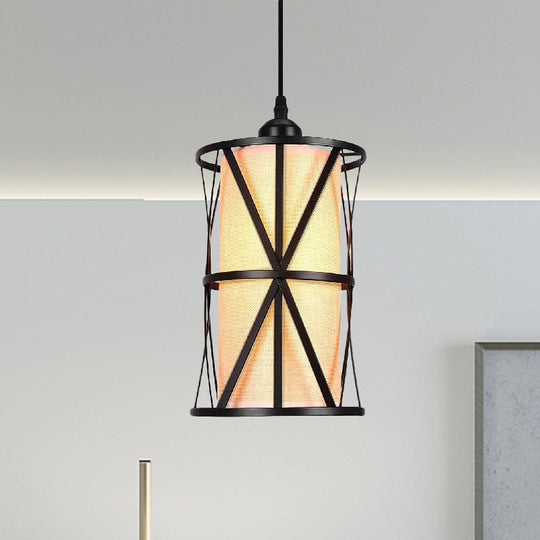 Antique Black Cylinder Pendant Light With Clear Glass/Fabric Shade - Elegant Living Room Ceiling