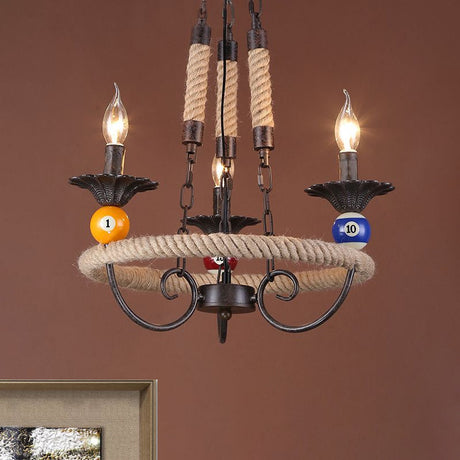 Industrial Metal Chandelier With Roped Ring Bar And Billiard Ball Décor - 3/6 Lights Rust Hanging